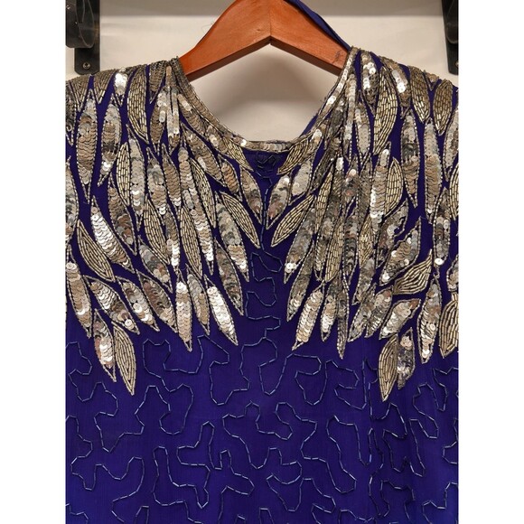 Vintage Formal Sequins Silk Beaded Dress Stenay 80’s Glamour Scallop Sleeves 14 - Picture 5 of 16